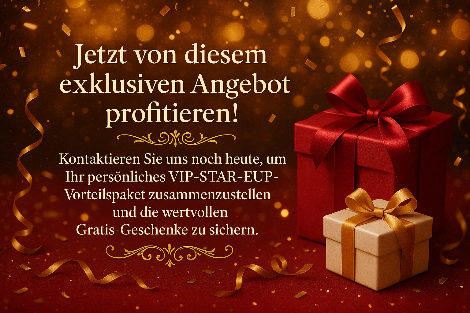 erstelle mir ein Bild mit dem text , der hintergrund soll festlich sein... Jetzt von diesem exklusiven Angebot profitieren!

Kontaktieren Sie uns noch heute, um Ihr persönliches VIP-STAR-EUP Vorteilspaket zusammenzustellen und die wertvollen Gratis-Geschenke zu sichern.