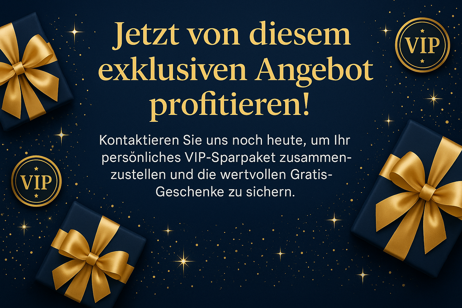 nur Text... Jetzt von diesem exklusiven Angebot profitieren!

Kontaktieren Sie uns noch heute, um Ihr persönliches VIP-EUP Sparpaket zusammenzustellen und die wertvollen Gratis-Geschenke zu sichern.